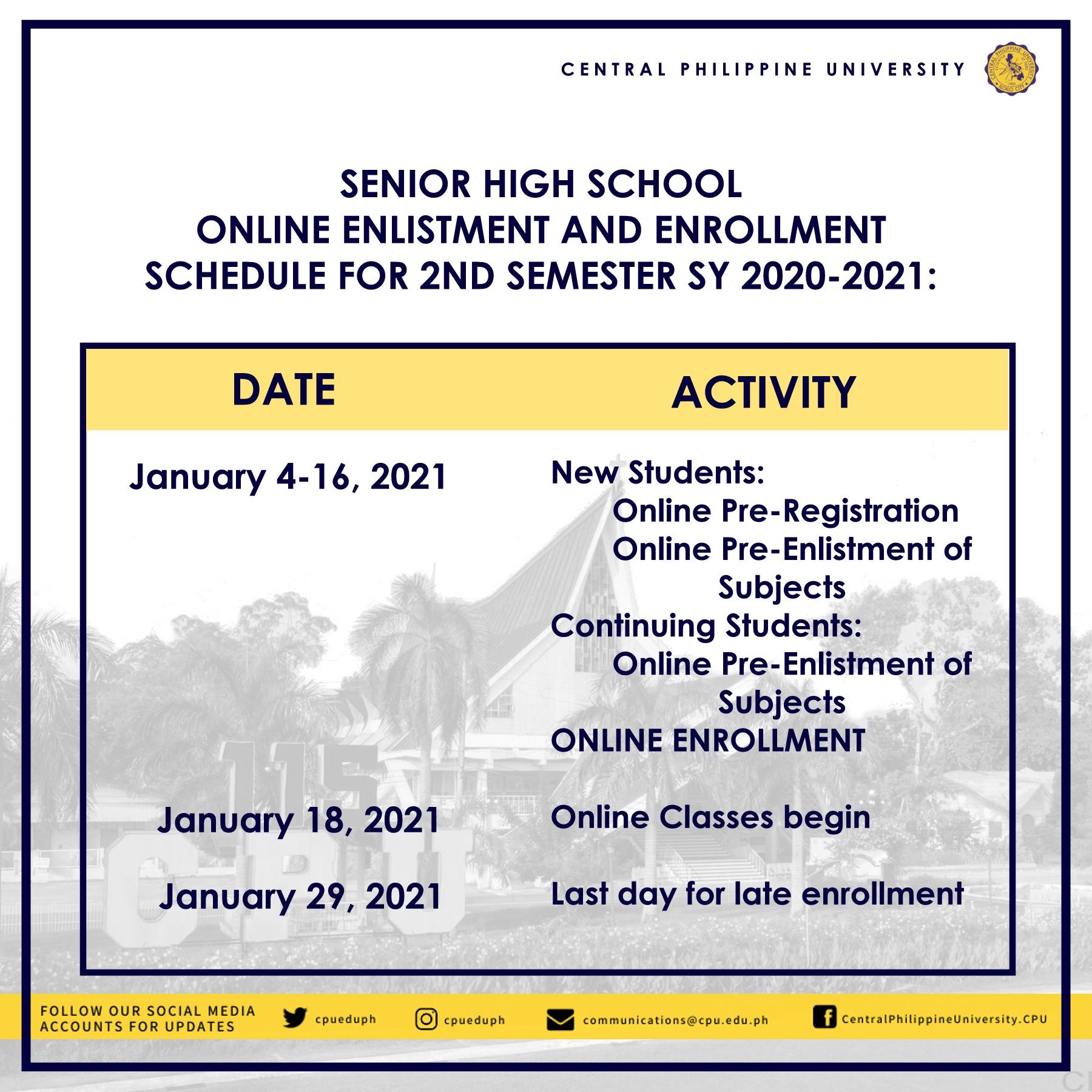 College Online Enlistment and Enrolment Schedule for Second Semester to ...