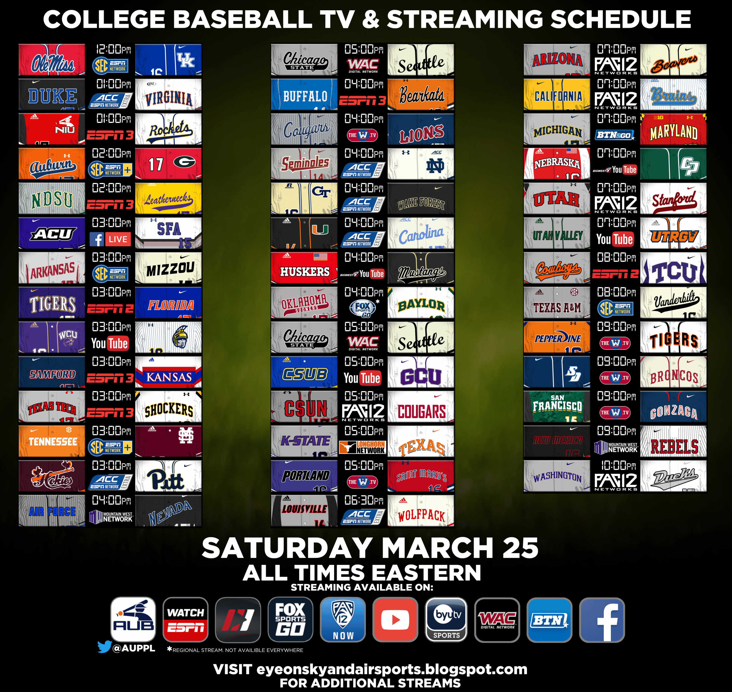 Saturday 3/25 Selected College Baseball TV and Streaming Schedule ...