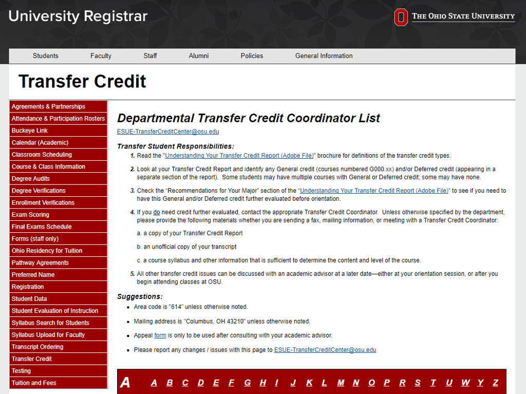 Transfer Credit Coordinator List (Contact department ...